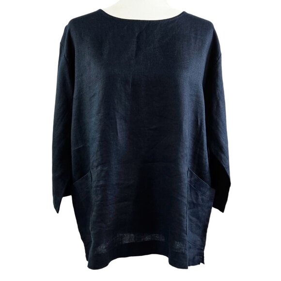 J. Jill Pure Jill NWT 100% Linen Navy Blue Top Beachy Boho Oversized Lagenlook - Picture 1 of 8
